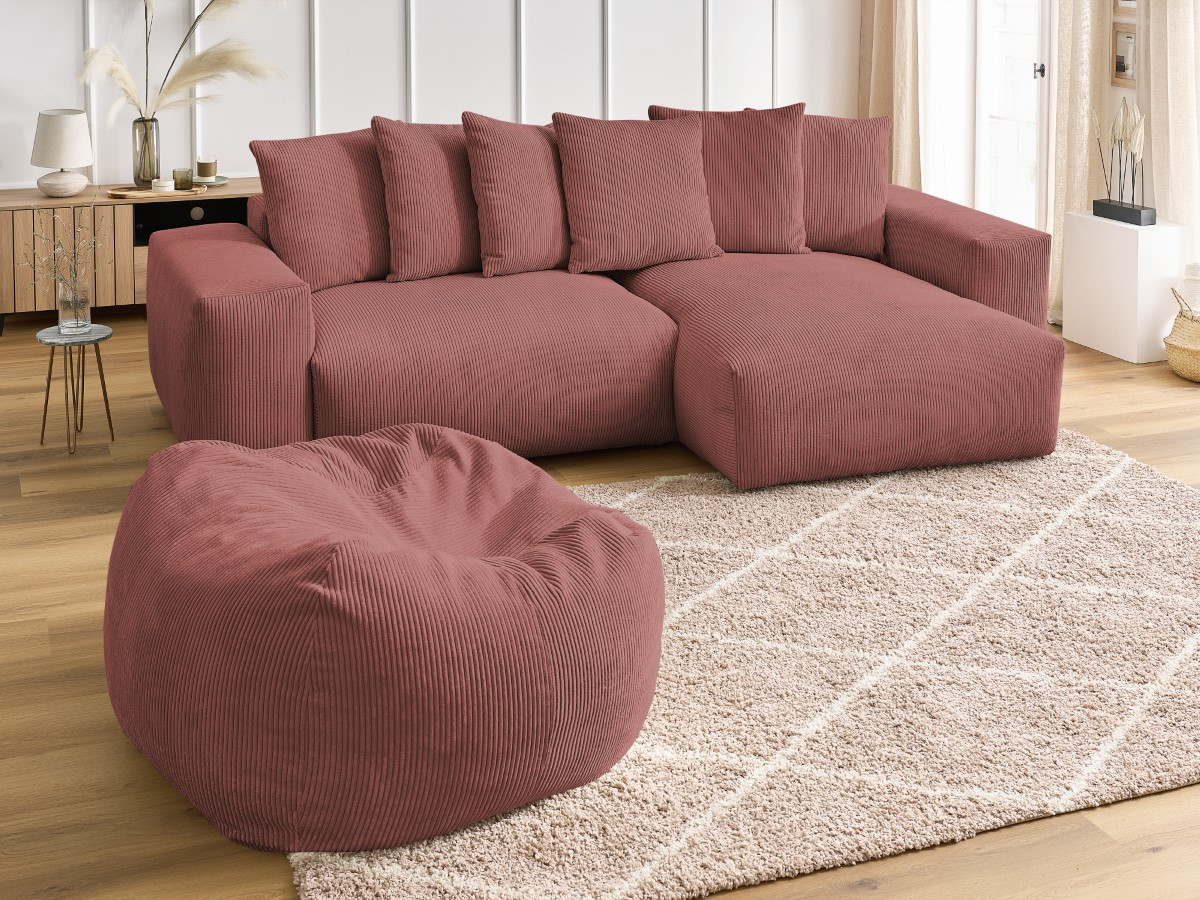 Bobochic Voltaire Ecksofa mit Pouf 310 × 174 cm Cordsamt Rosa