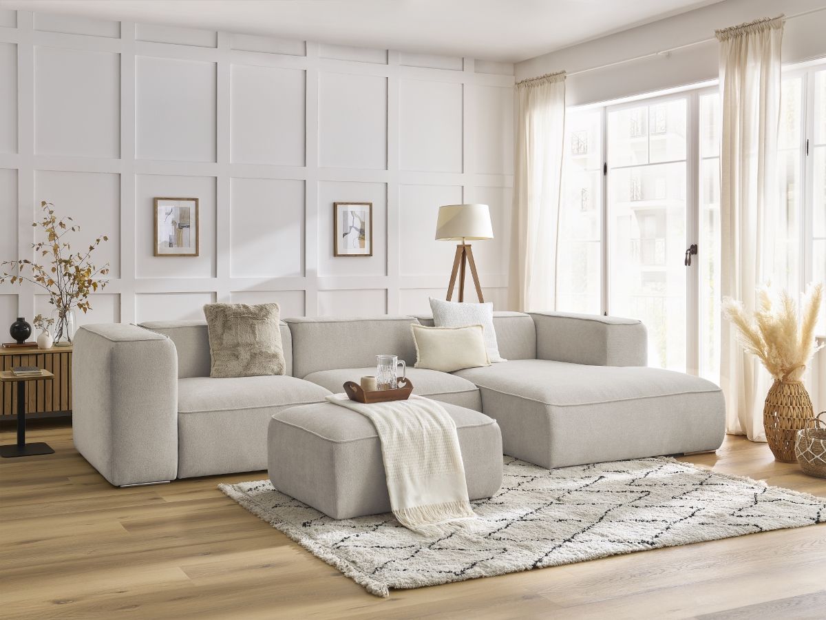 Bobochic Zephyr Ecksofa mit Pouf 349 × 165 cm Strukturstoff Beige Ecke rechts