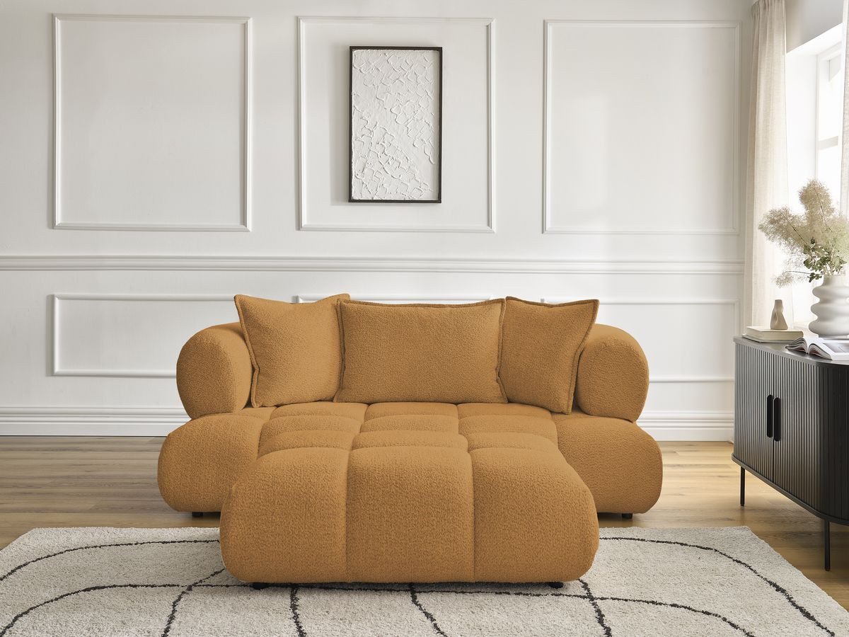 Bobochic Alya Sofa 2-Sitzer mit Pouf Bouclé-Stoff Gelb