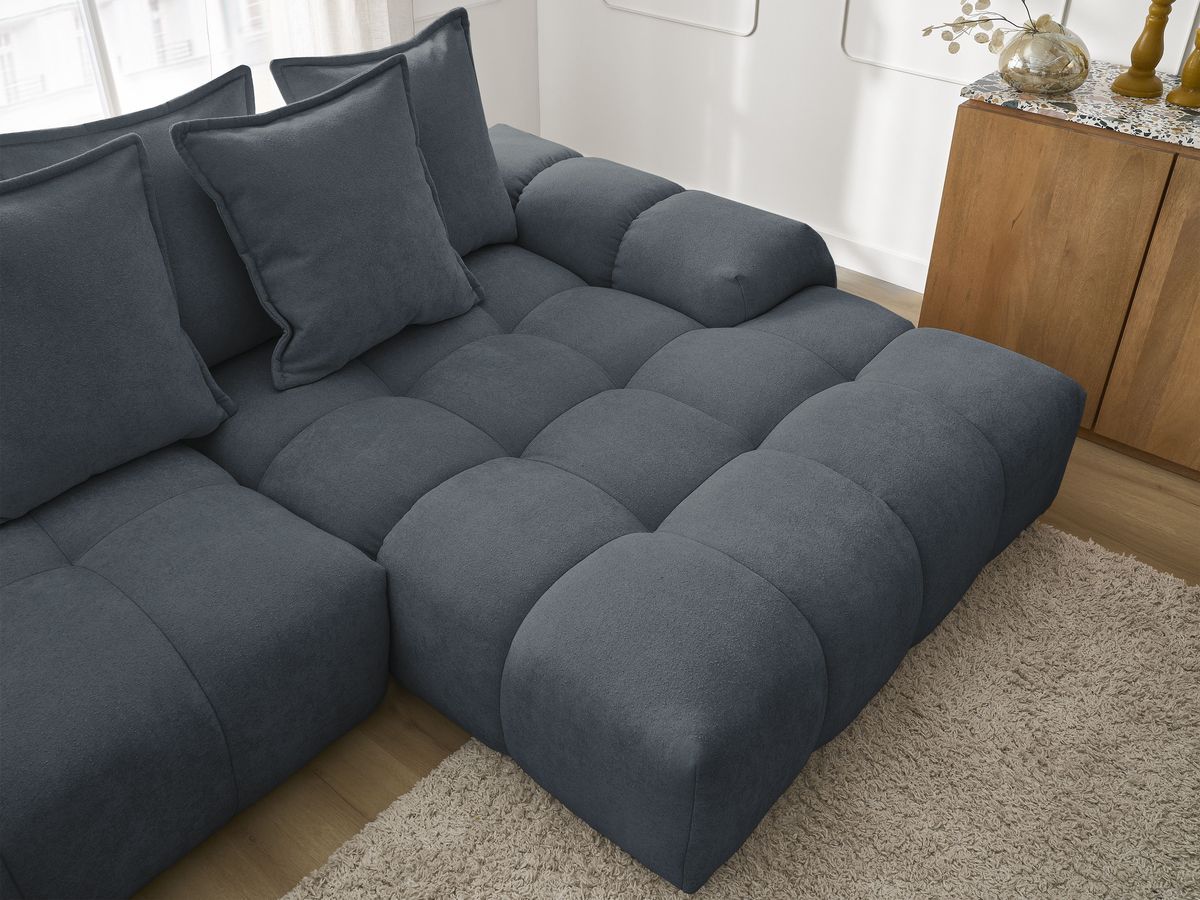 Bobochic Everest Ecksofa mit Schlaffunktion und Bettkasten 318 × 180 cm, 7 Kissen Strukturstoff Dunkelblau Ecke rechts
