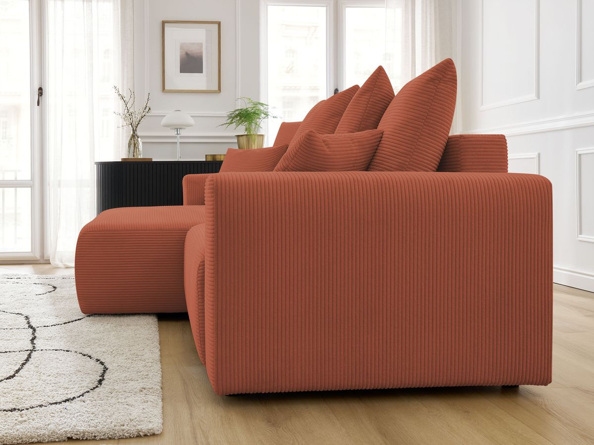 Bobochic Atilla Ecksofa mit Schlaffunktion und Bettkasten Cordsamt Orange Ecke links