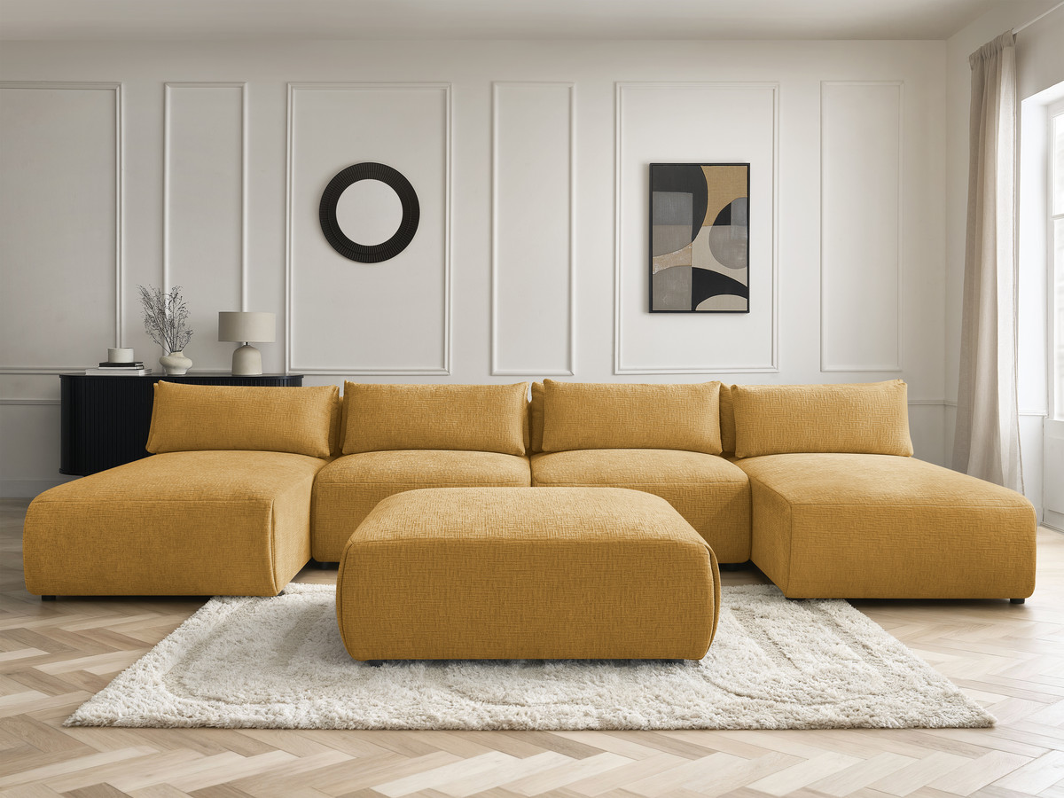 Bobochic Jana Wohnlandschaft mit großem Pouf Strukturstoff Gelb