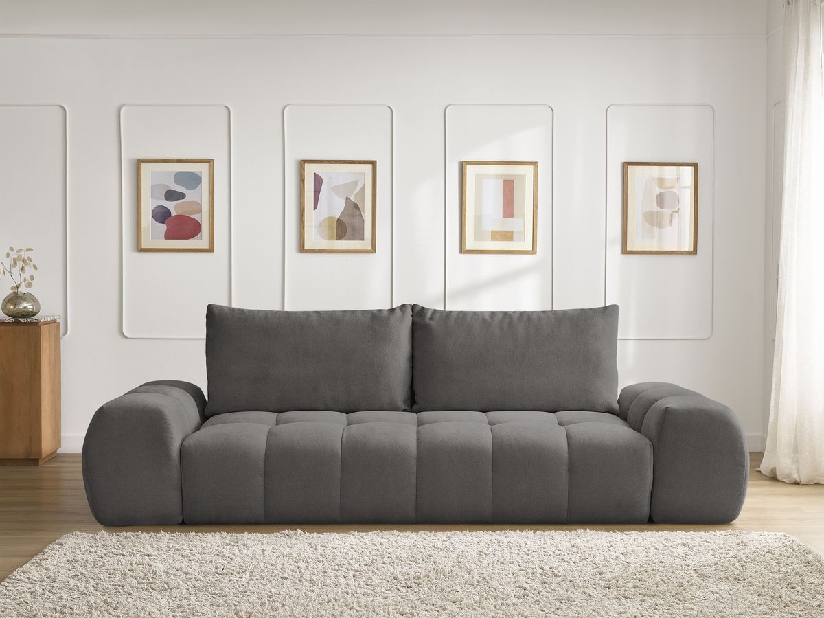 Bobochic Everest Schlafsofa 3-Sitzer mit Bettkasten, 2 Kissen Strukturstoff Dunkelgrau
