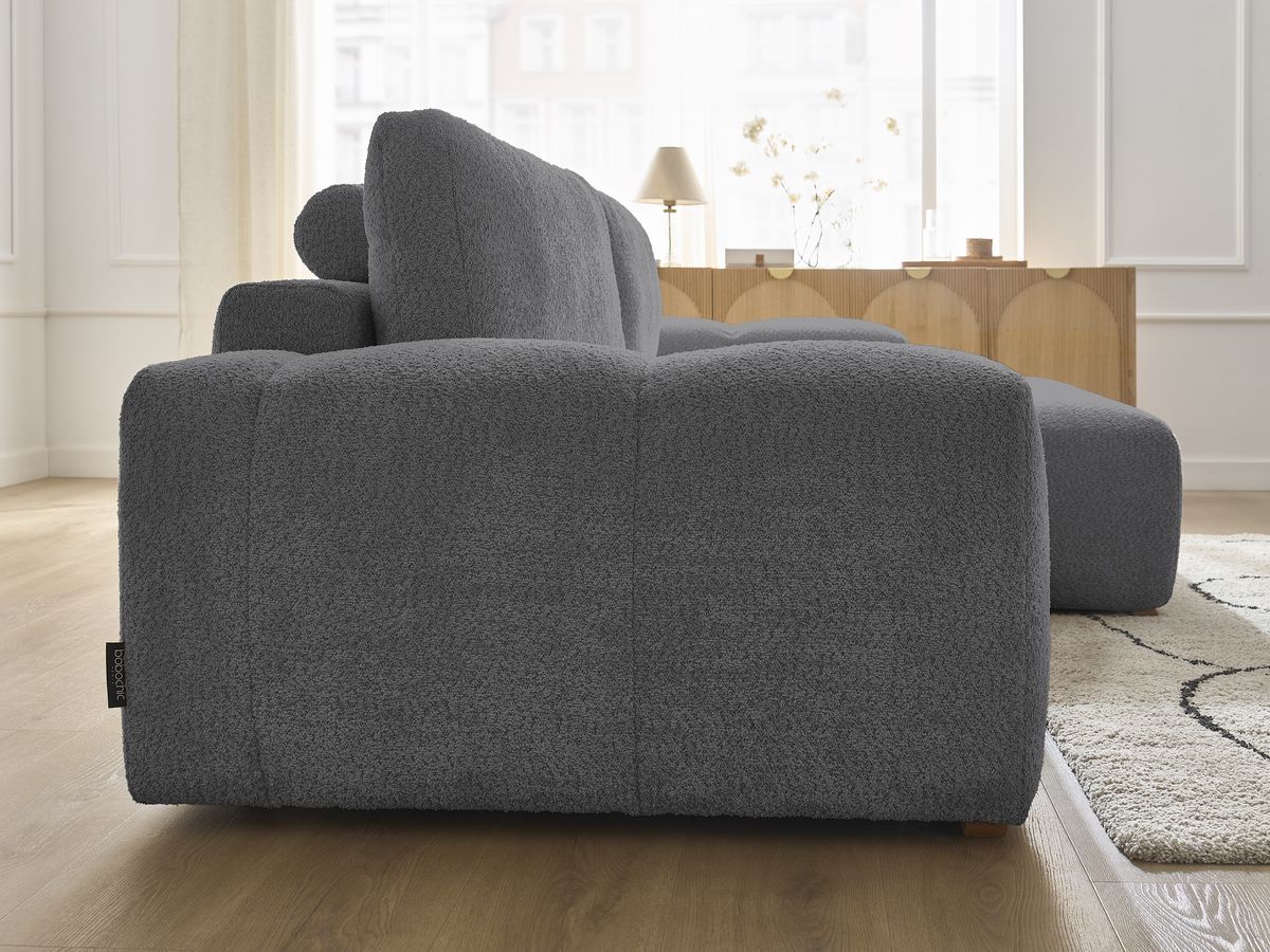 Bobochic Anakin Ecksofa mit Schlaffunktion und Bettkasten, 2 Kissen Bouclé-Stoff Dunkelgrau