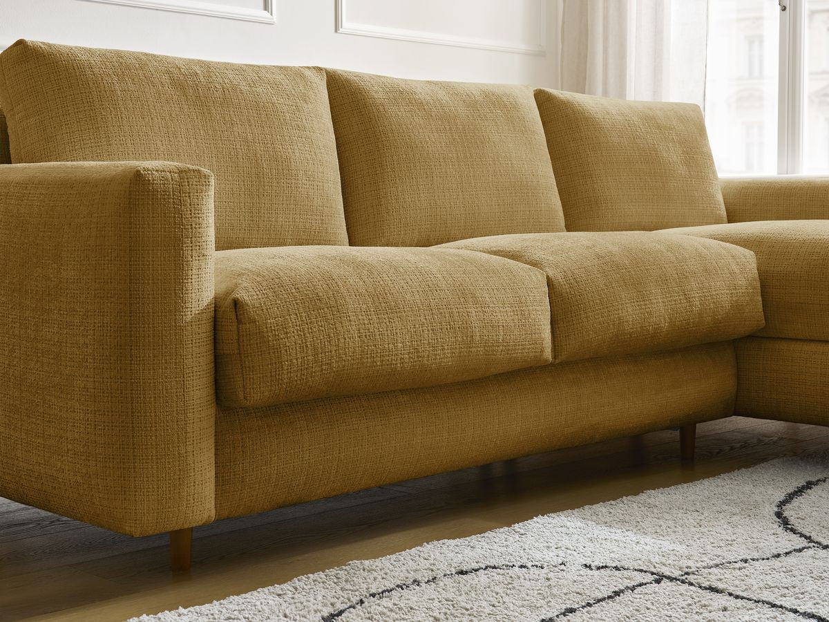 Bobochic Cocoone Ecksofa mit Schlaffunktion und Bettkasten Strukturstoff Gelb, Liegefläche 140 × 200 cm
