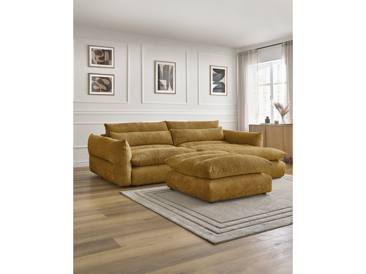 Bobochic Neil Ecksofa mit Pouf Strukturstoff Gelb Ecke rechts
