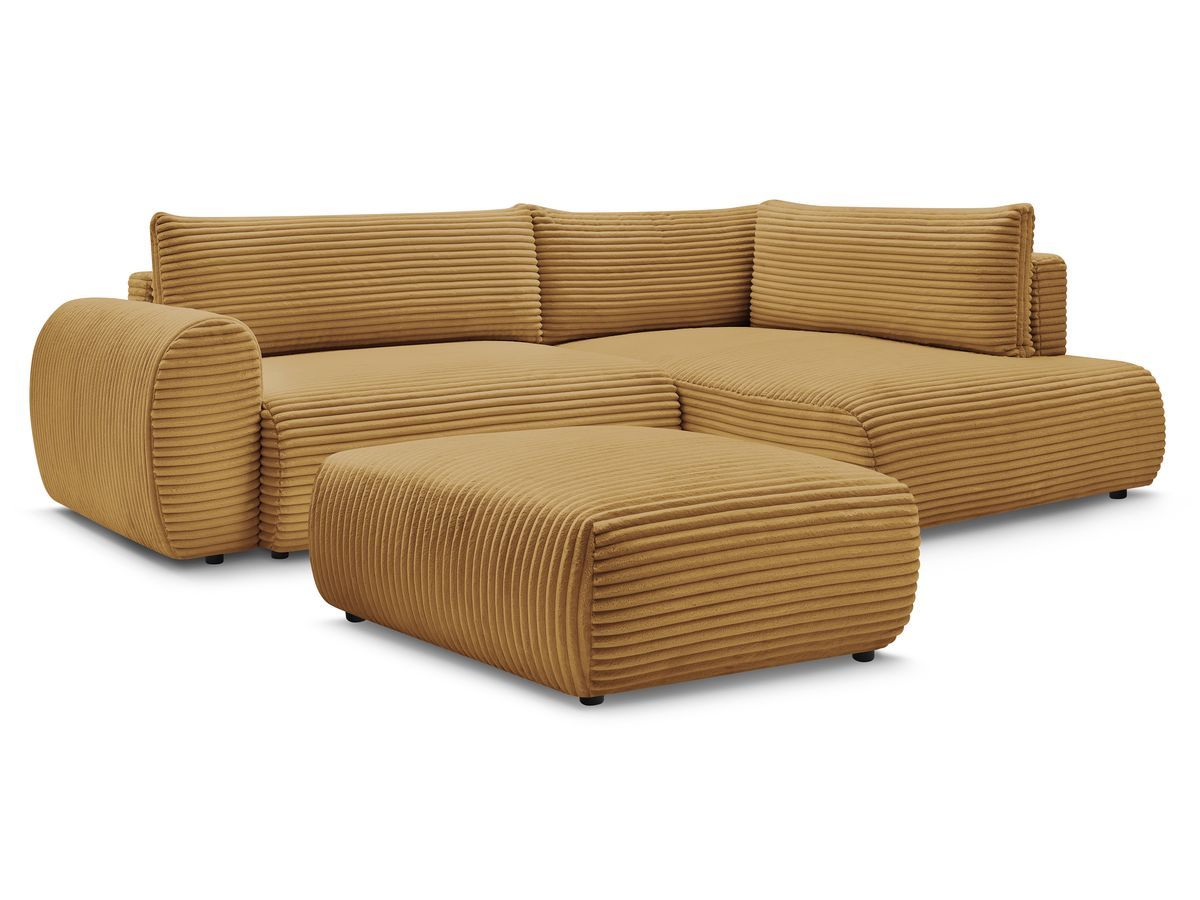 Bobochic Lucien Ecksofa mit Schlaffunktion und Bettkasten und Pouf 296 × 198 cm Breitcord weich Gelb Ecke rechts
