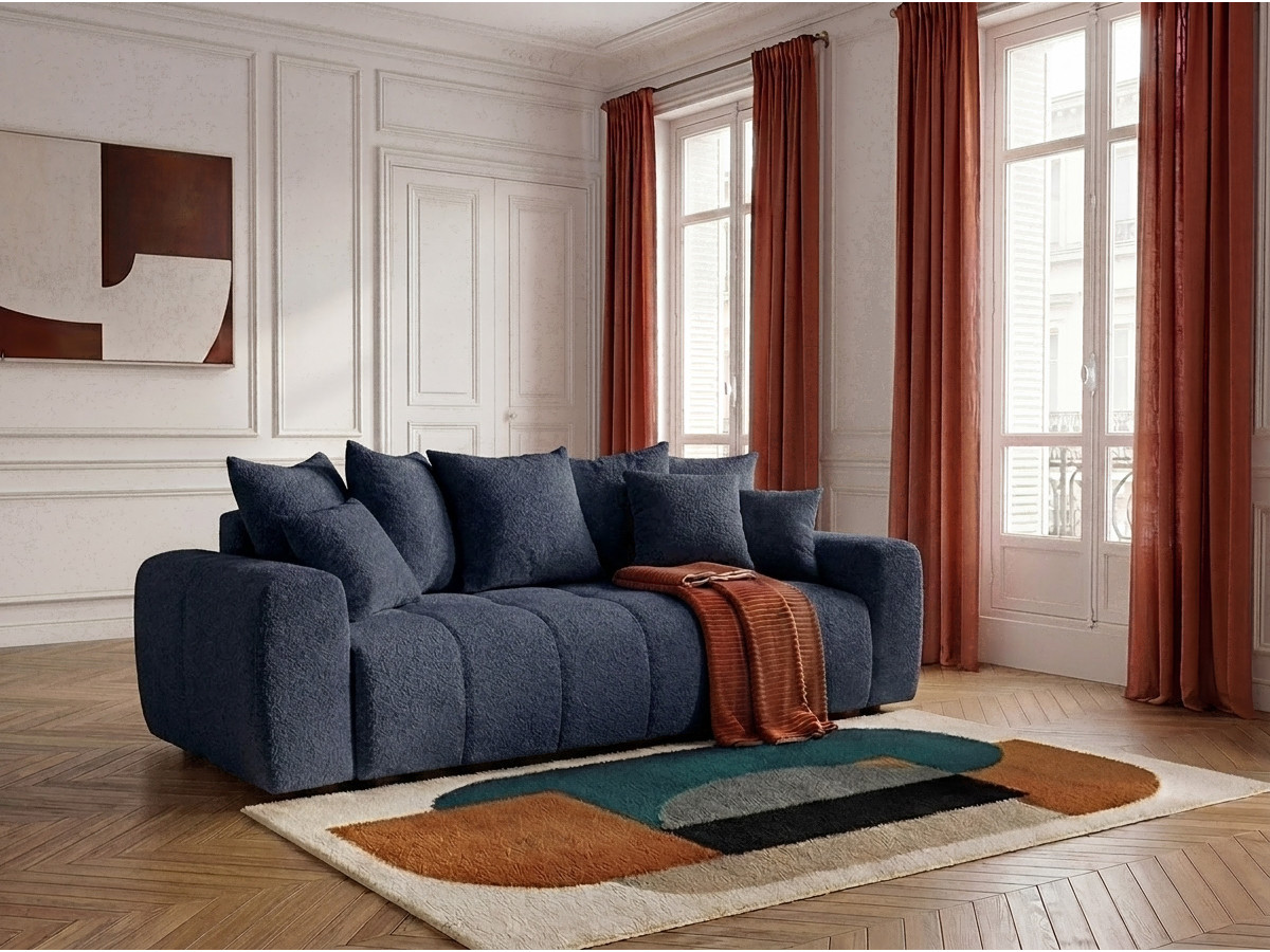 Bobochic Roxelane Schlafsofa 3-Sitzer mit Bettkasten Bouclé-Stoff Dunkelblau