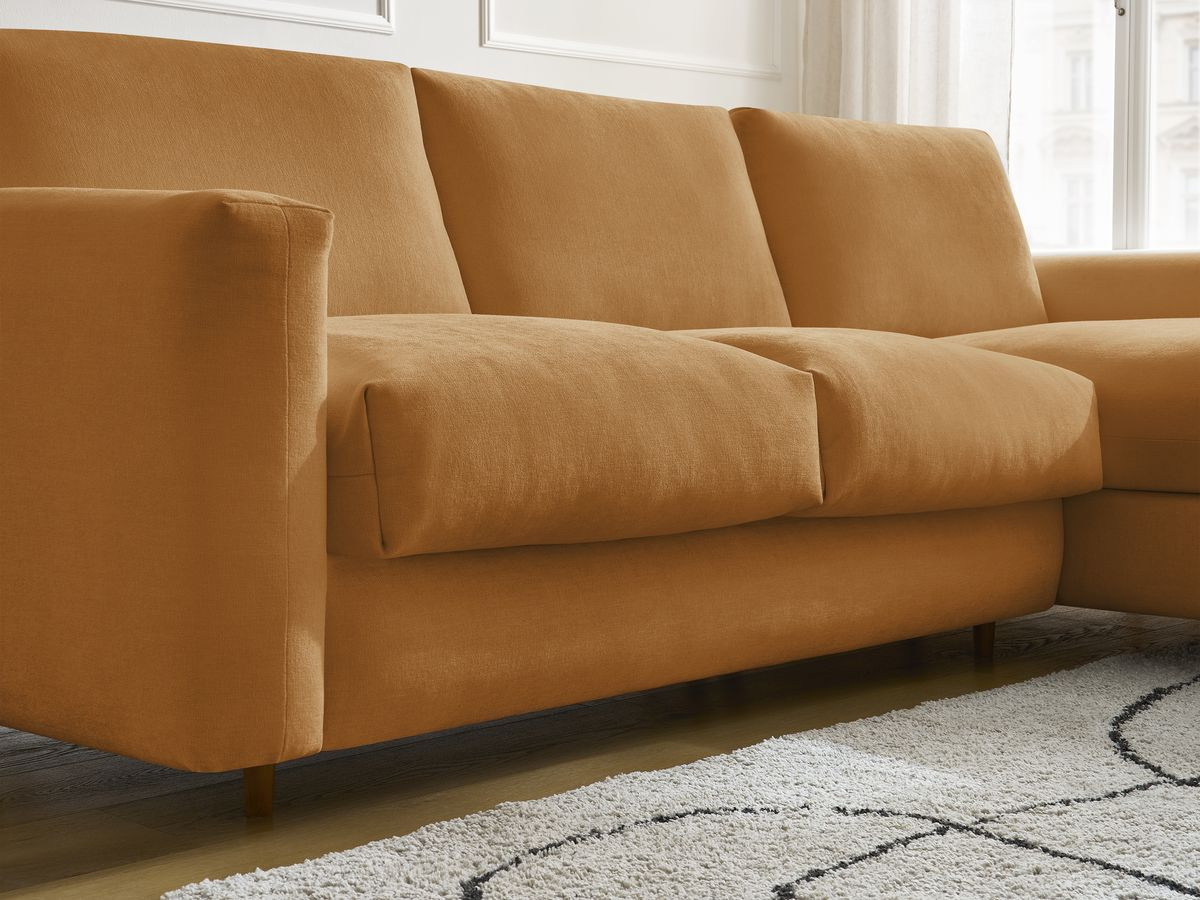 Bobochic Cocoone Ecksofa mit Schlaffunktion und Bettkasten Stoff Gelb, Liegefläche 160 × 200 cm