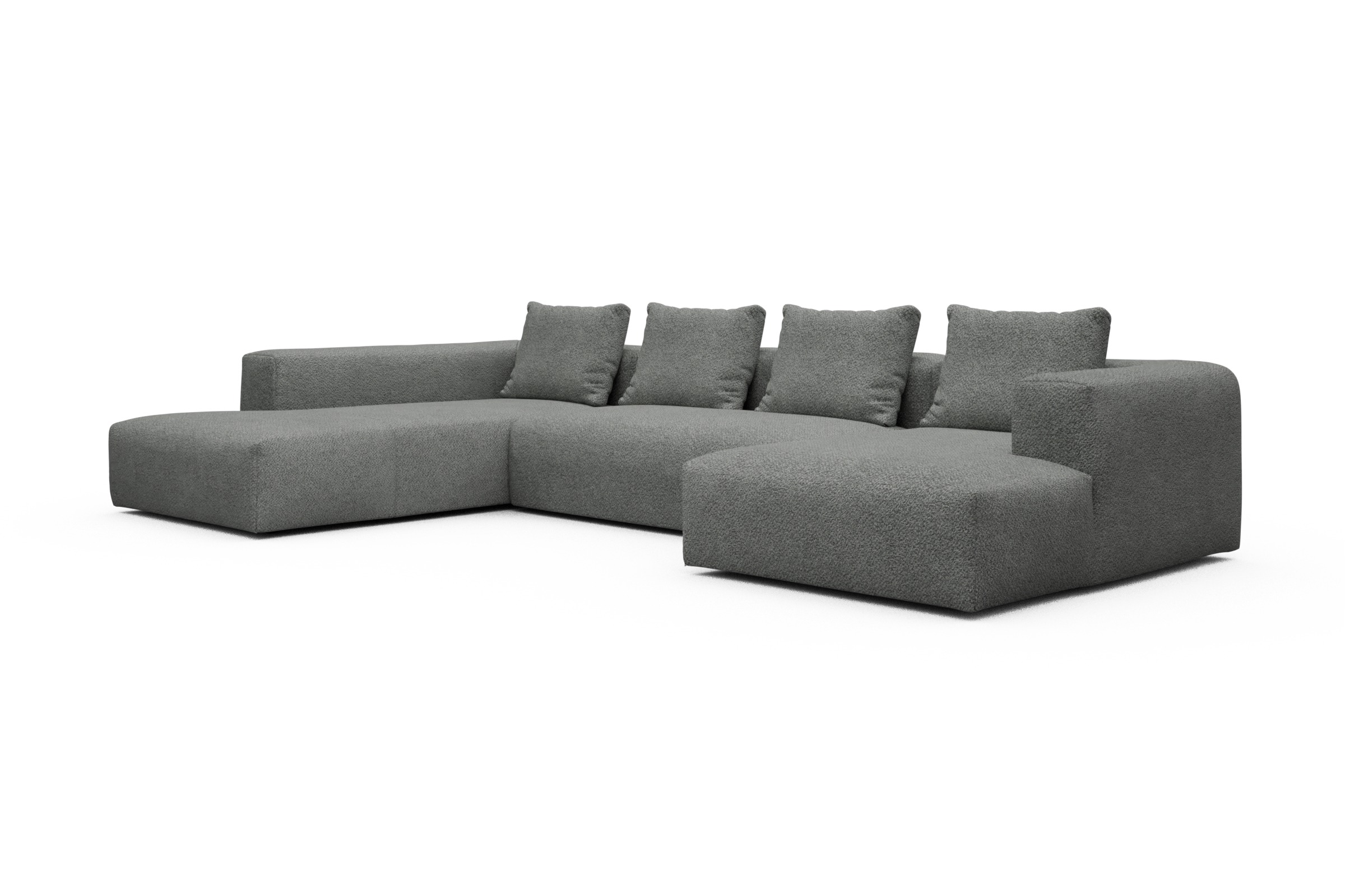Wohnlandschaft Fred Relax-Ecke links mit 2-Sitzer und Chaiselongue rechts Boucle Vanora 868-Warm-Grey