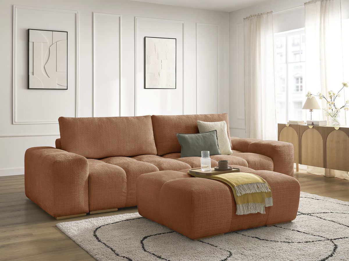 Bobochic Anakin Sofa 3-Sitzer mit Pouf, 2 Kissen Strukturstoff Orange