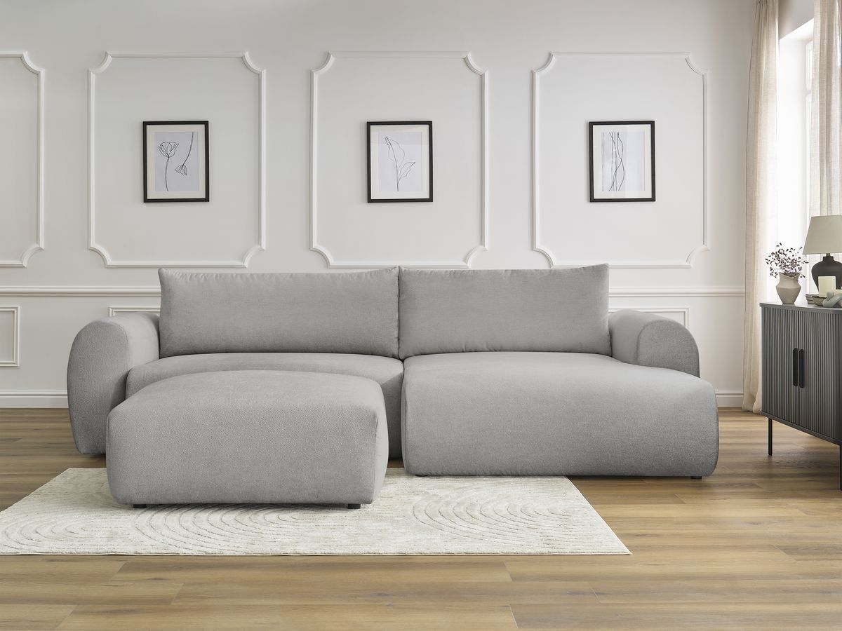 Bobochic Lucien Ecksofa mit Schlaffunktion und Bettkasten und Pouf 314 × 167 cm Stoff Hellgrau Ecke rechts
