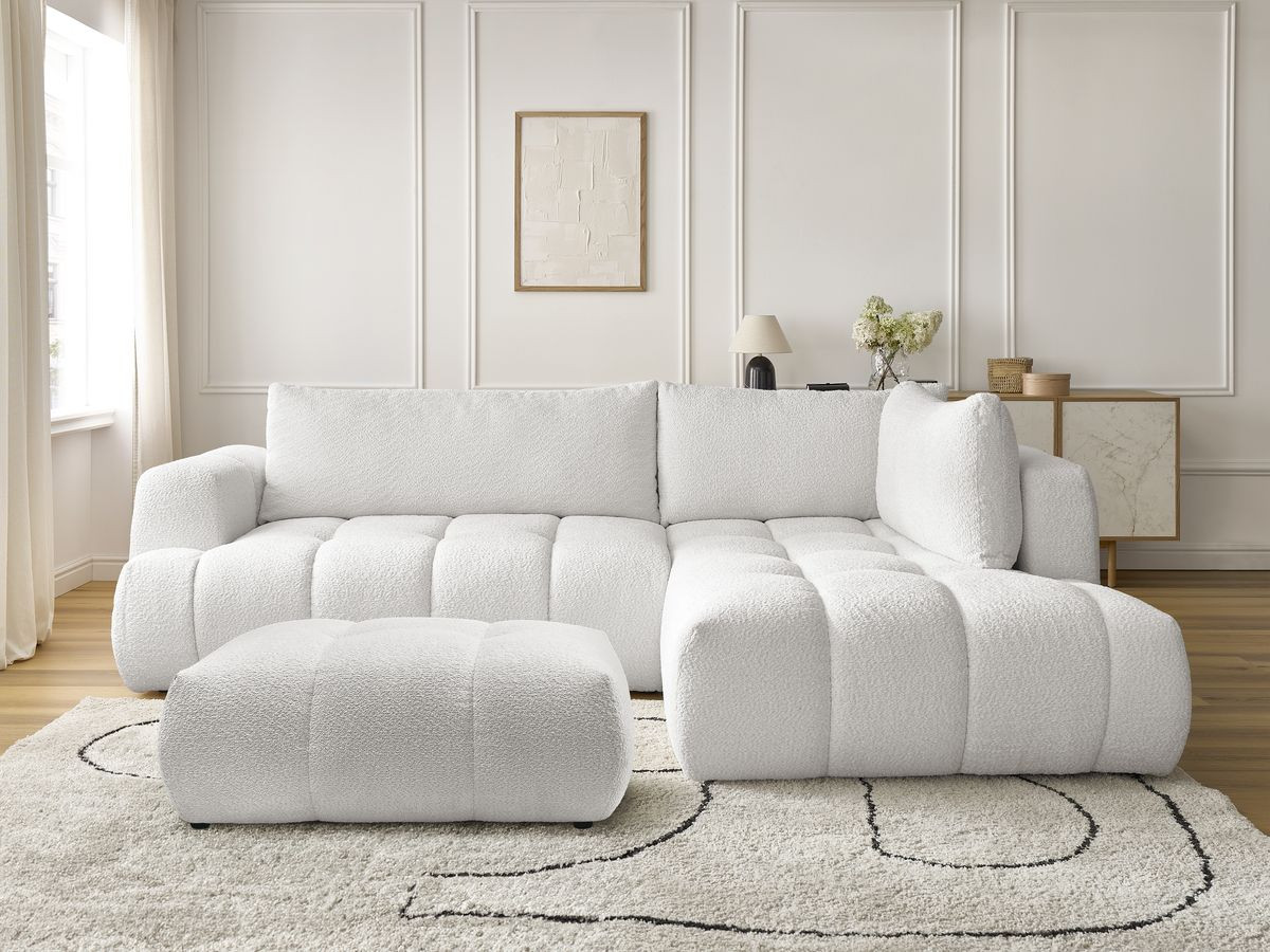 Bobochic Fuji Ecksofa mit Schlaffunktion und Bettkasten und Pouf 282 × 204 cm Bouclé-Stoff Weiß Ecke rechts