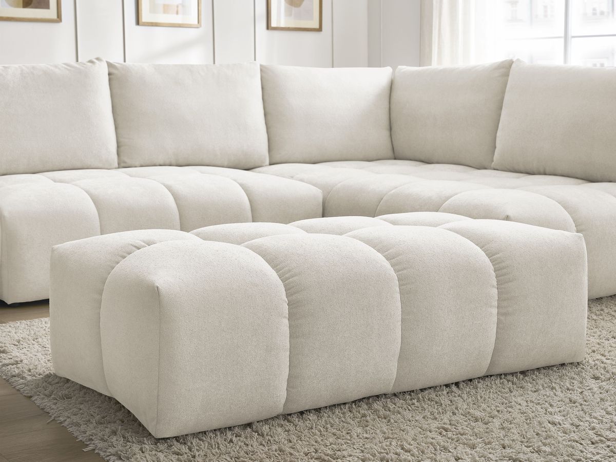 Bobochic Everest Ecksofa mit Schlaffunktion und Bettkasten und Pouf 320 × 212 cm, 5 Kissen Strukturstoff Beige Ecke rechts