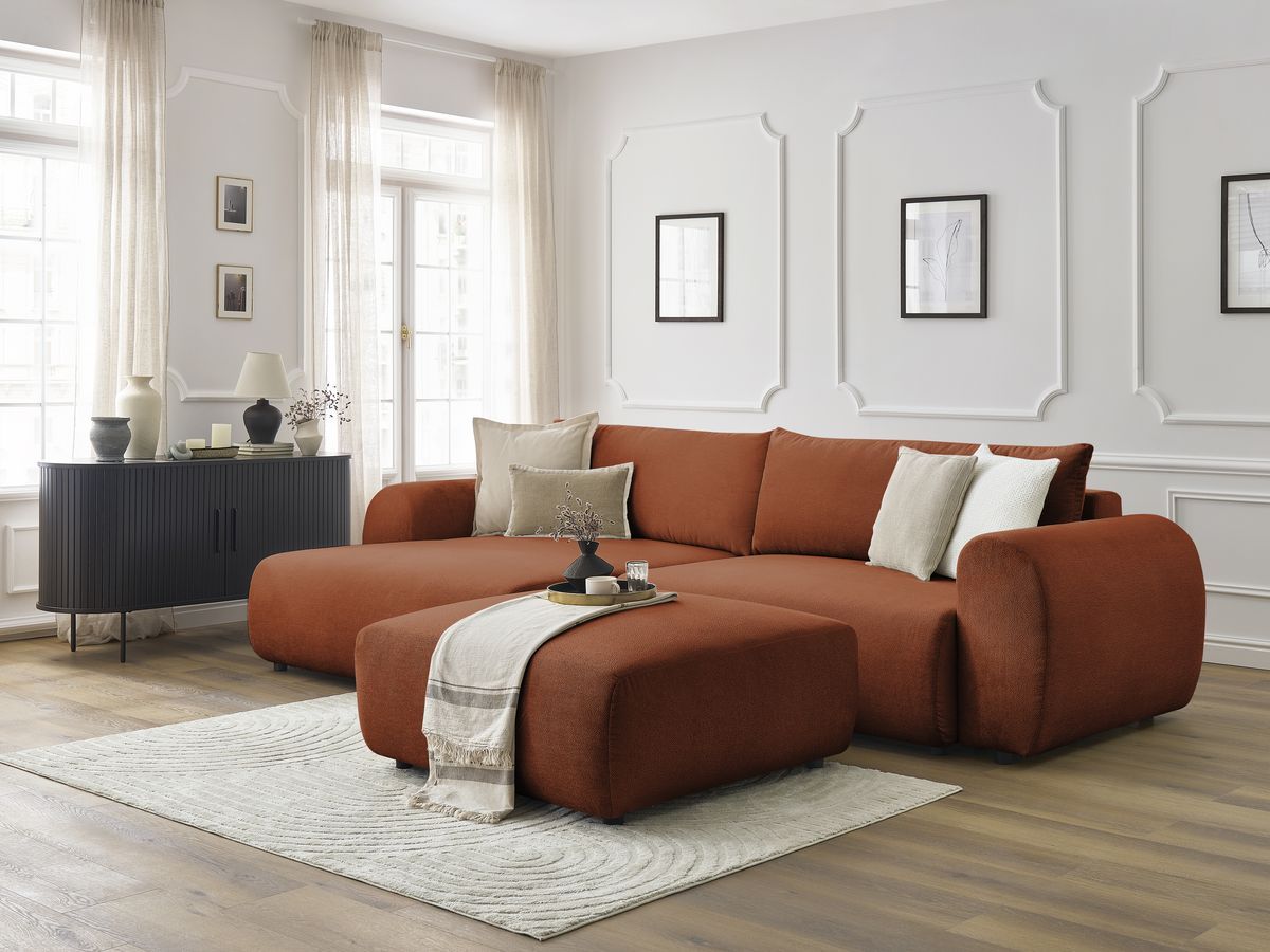 Bobochic Lucien Ecksofa mit Schlaffunktion und Bettkasten und Pouf 314 × 167 cm Stoff Orange Ecke links