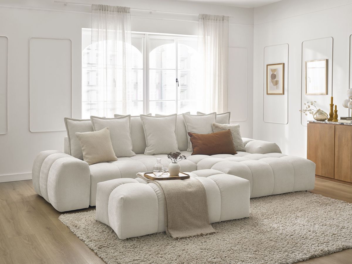 Bobochic Everest Ecksofa mit Schlaffunktion und Bettkasten und Pouf 318 × 180 cm, 7 Kissen Strukturstoff Weiß Ecke rechts