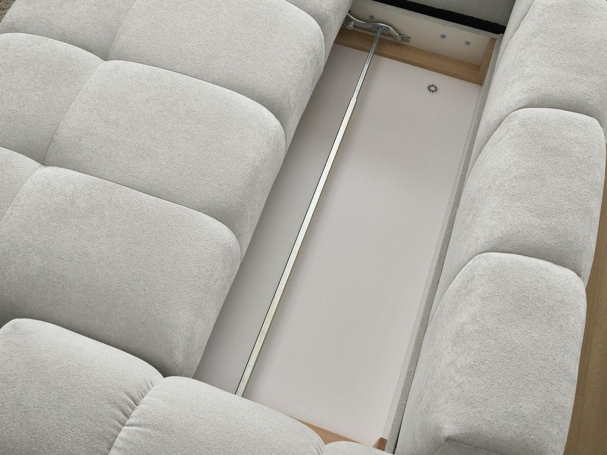 Bobochic Everest Ecksofa mit Schlaffunktion und Bettkasten 320 × 212 cm, 5 Kissen Strukturstoff Hellgrau Ecke links