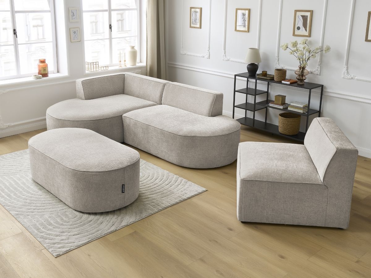 Bobochic Rousseau Ecksofa mit Sofamodul und Pouf Strukturstoff Beige Ecke links