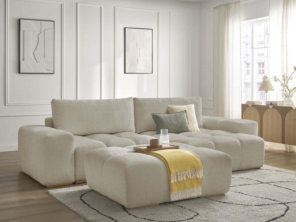 Bobochic Anakin Ecksofa mit Schlaffunktion und Bettkasten und Pouf, 2 Kissen Strukturstoff Beige