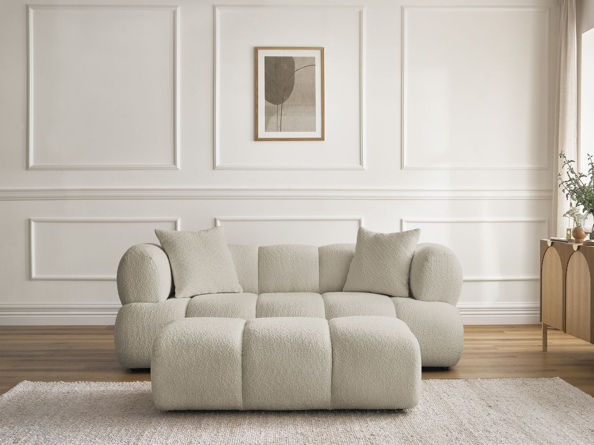 Bobochic Pamira Sofa 2-Sitzer mit Pouf Bouclé-Stoff Beige