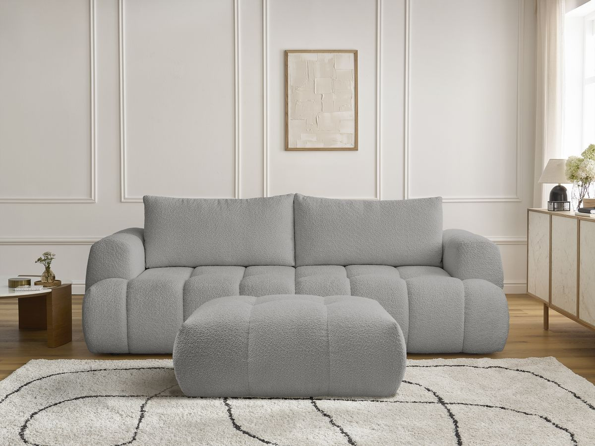 Bobochic Fuji Schlafsofa 3-Sitzer mit Bettkasten und Pouf Bouclé-Stoff Hellgrau