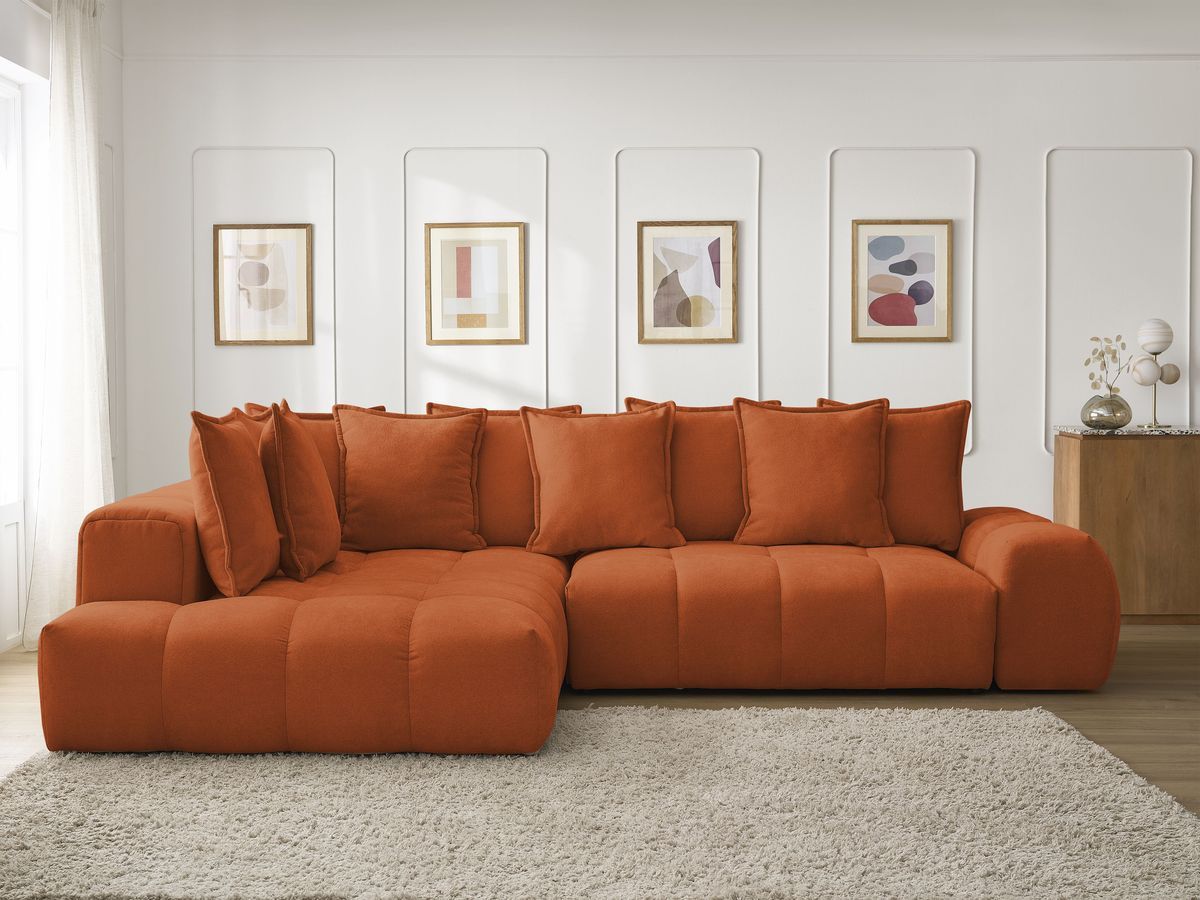 Bobochic Everest Ecksofa mit Schlaffunktion und Bettkasten 320 × 212 cm, 10 Kissen Strukturstoff Orange Ecke links