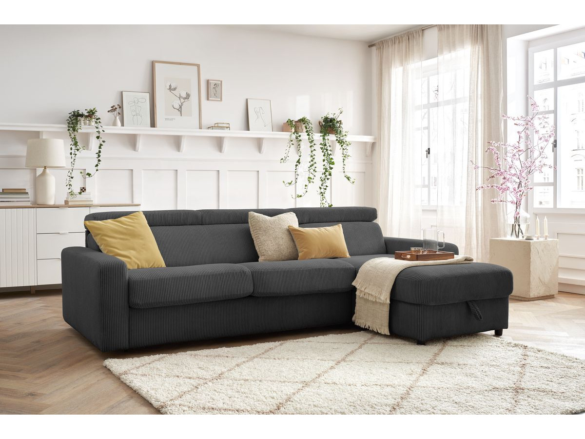 Bobochic Monaco Ecksofa mit Schlaffunktion und Bettkasten Cordsamt Dunkelgrau, Liegefläche 140 × 190 cm