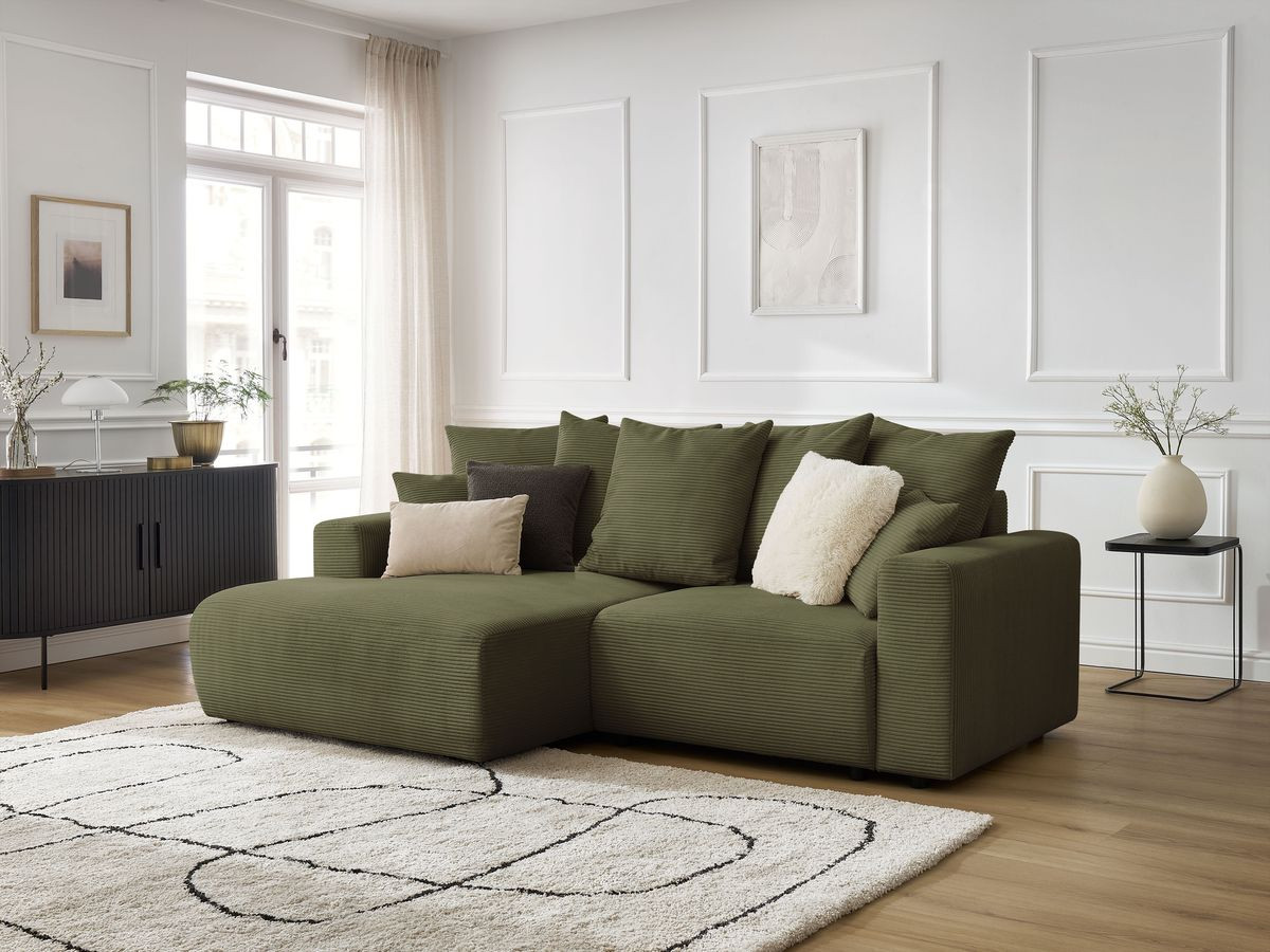 Bobochic Atilla Ecksofa mit Schlaffunktion und Bettkasten Cordsamt Hellgrün Ecke links