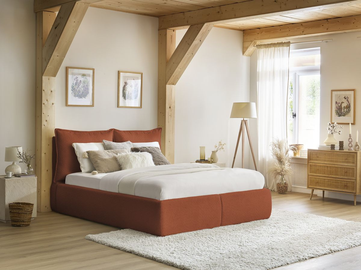 Bobochic Garance Polsterbett mit Bettkasten Bouclé-Stoff Orange, Liegefläche 180 × 200 cm
