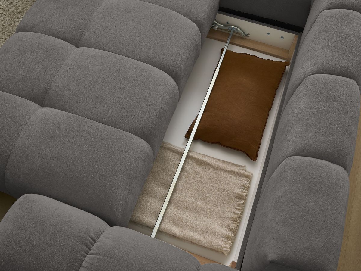 Bobochic Everest Ecksofa mit Schlaffunktion und Bettkasten und Pouf 320 × 212 cm, 5 Kissen Strukturstoff Dunkelgrau Ecke links