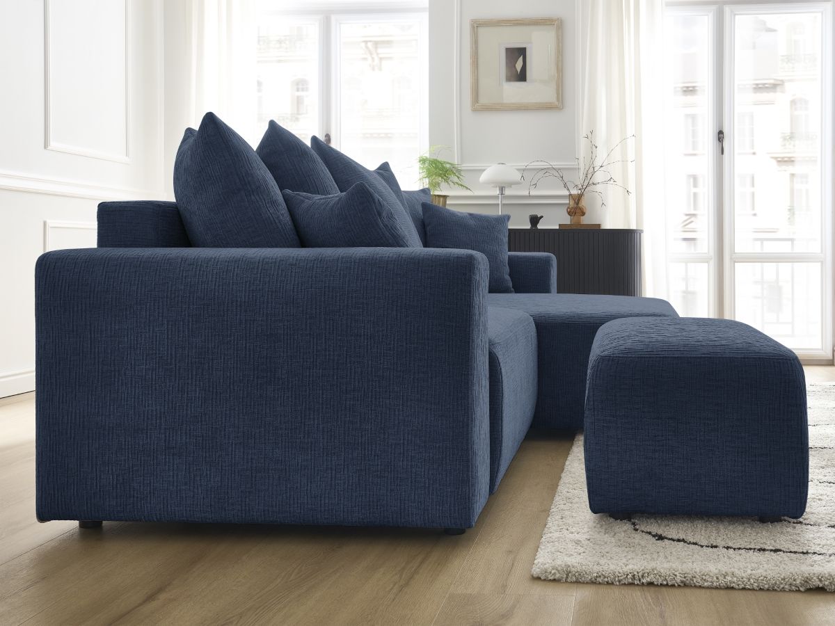 Bobochic Atilla Ecksofa mit Schlaffunktion und Bettkasten und Pouf Strukturstoff Dunkelblau Ecke rechts