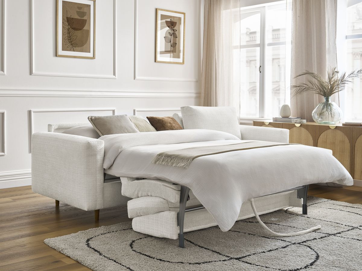 Bobochic Cocoone Ecksofa mit Schlaffunktion und Bettkasten Strukturstoff Weiß, Liegefläche 160 × 200 cm