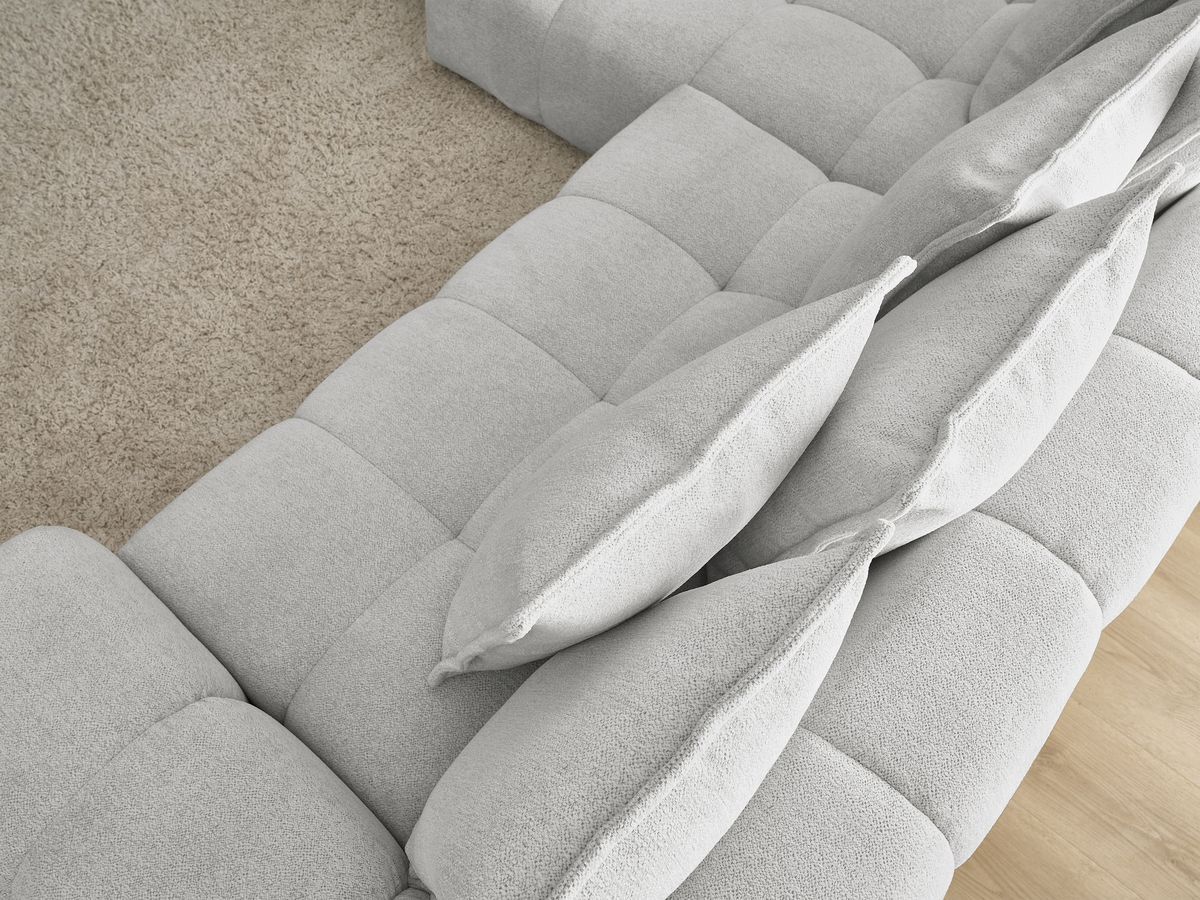 Bobochic Everest Ecksofa mit Schlaffunktion und Bettkasten 318 × 180 cm, 7 Kissen Melange-Stoff Hellgrau Ecke links