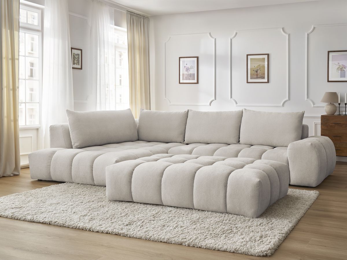 Bobochic Everest Ecksofa mit Schlaffunktion und Pouf, 4 Kissen Strukturstoff Beige Ecke links