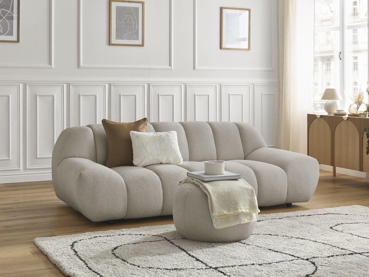 Bobochic Hayden Sofa 3-Sitzer mit Pouf 226 × 107 cm Bouclé-Stoff Taupe