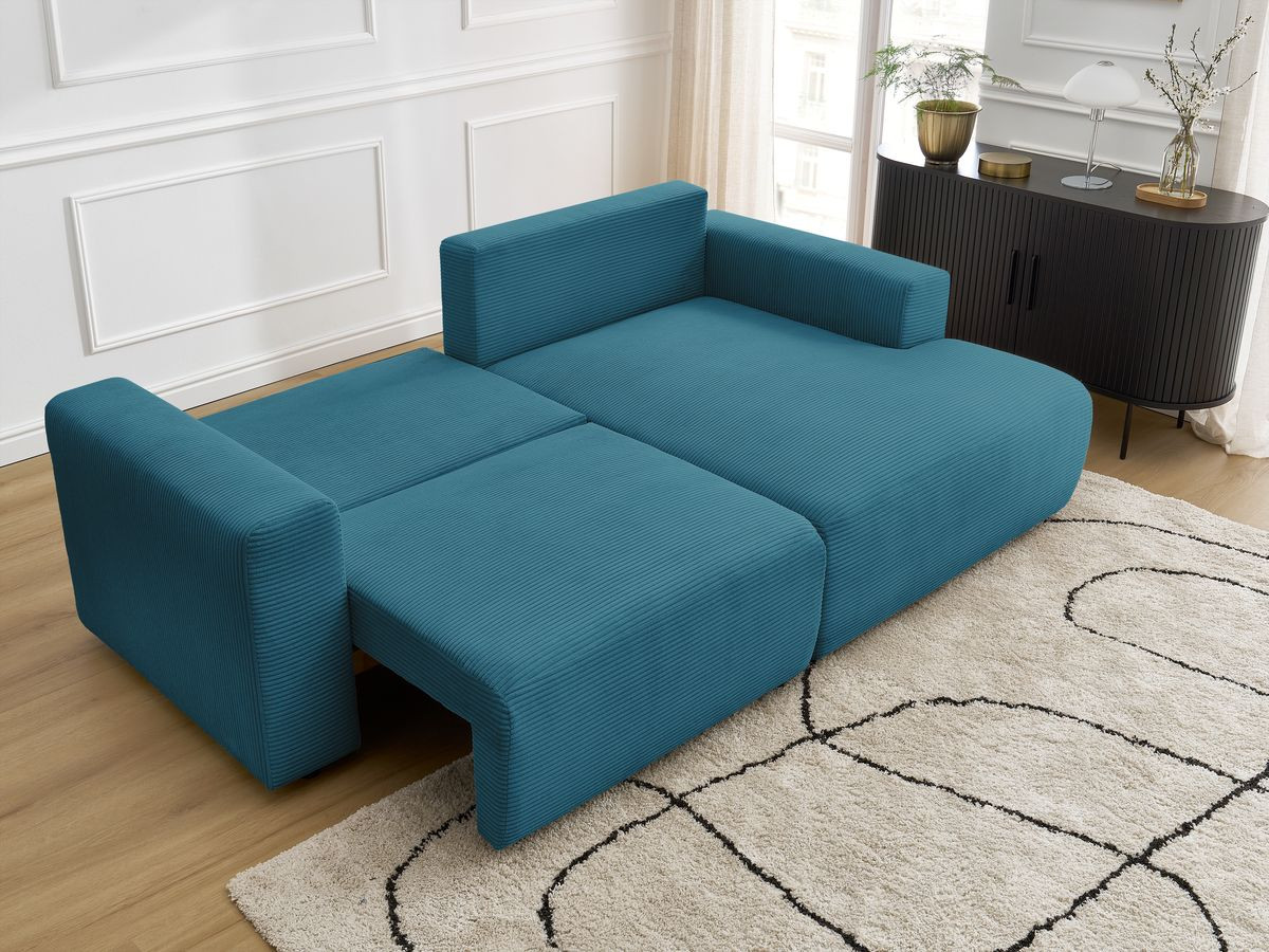 Bobochic Atilla Ecksofa mit Schlaffunktion und Bettkasten Cordsamt Hellblau Ecke rechts