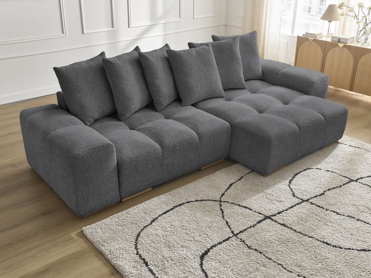 Bobochic Anakin Ecksofa mit Schlaffunktion und Bettkasten, 6 Kissen Bouclé-Stoff Dunkelgrau