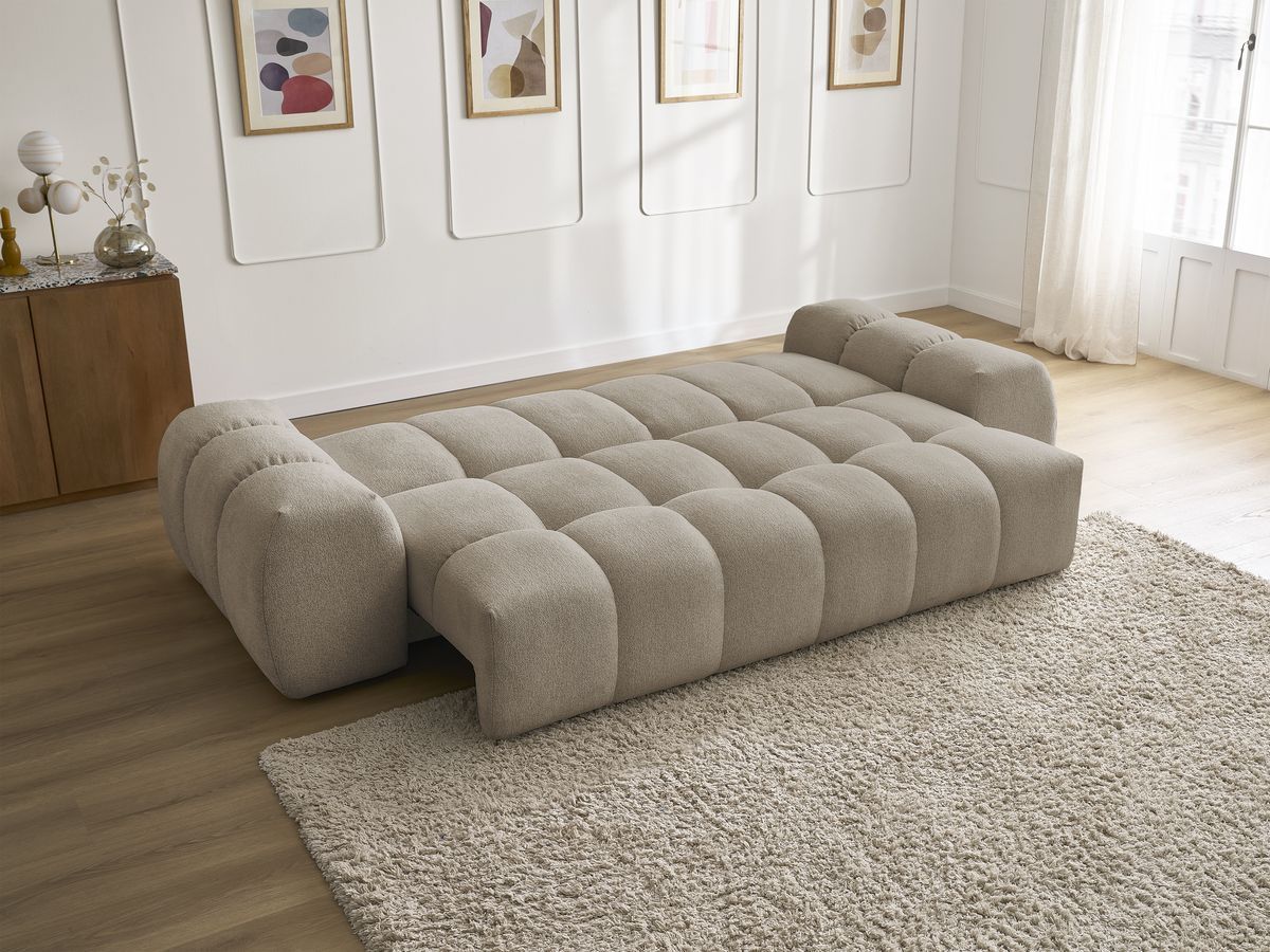 Bobochic Everest Schlafsofa 3-Sitzer mit Bettkasten, 5 Kissen Melange-Stoff Taupe