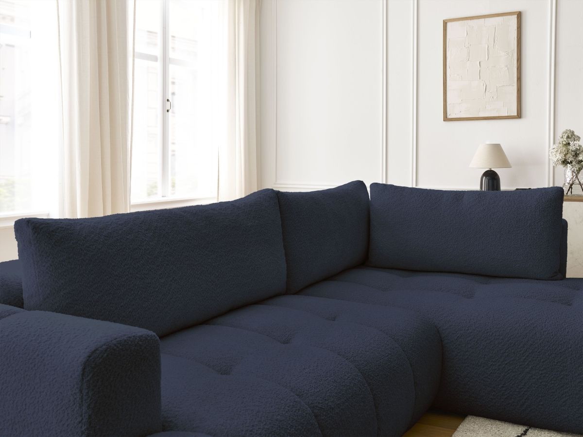 Bobochic Fuji Ecksofa mit Schlaffunktion und Bettkasten 282 × 204 cm Bouclé-Stoff Dunkelblau Ecke rechts