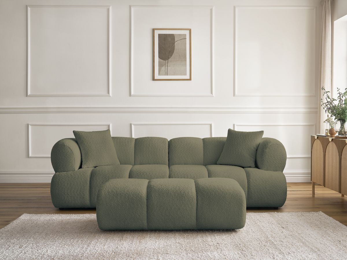 Bobochic Pamira Sofa 3-Sitzer mit Pouf Bouclé-Stoff Grün
