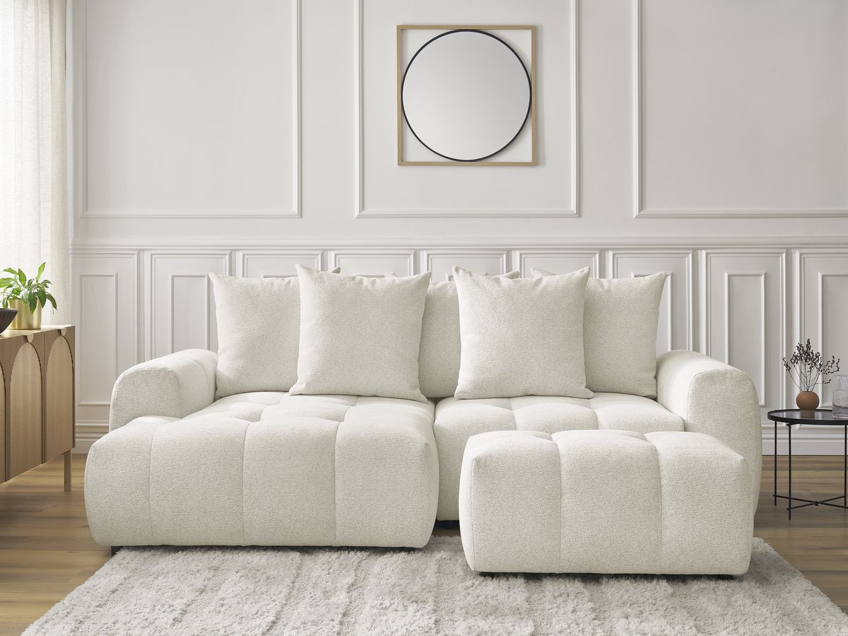 Bobochic Roxelane Ecksofa mit Schlaffunktion und Bettkasten und Pouf 258 × 150 cm Melange-Stoff Weiß Ecke links