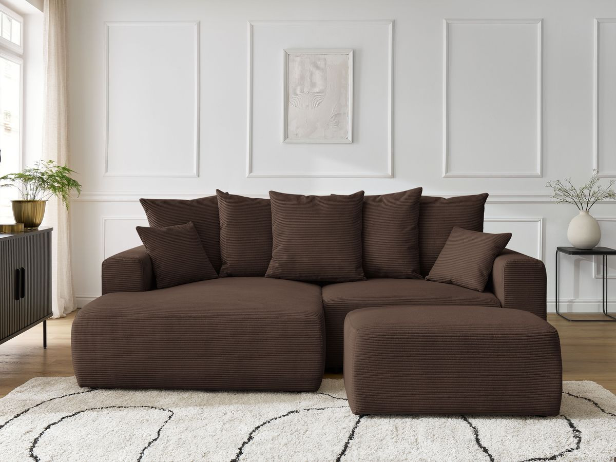 Bobochic Atilla Ecksofa mit Schlaffunktion und Bettkasten und Pouf Cordsamt Braun Ecke links