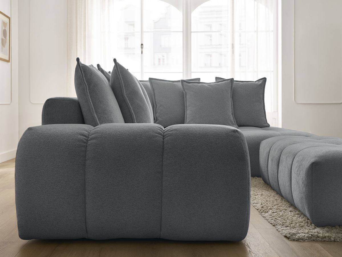 Bobochic Everest Ecksofa mit Schlaffunktion und Bettkasten und Pouf 320 × 212 cm, 10 Kissen Melange-Stoff Dunkelgrau Ecke rechts