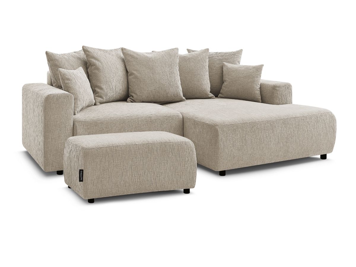 Bobochic Atilla Ecksofa mit Schlaffunktion und Bettkasten und Pouf Strukturstoff Beige Ecke rechts