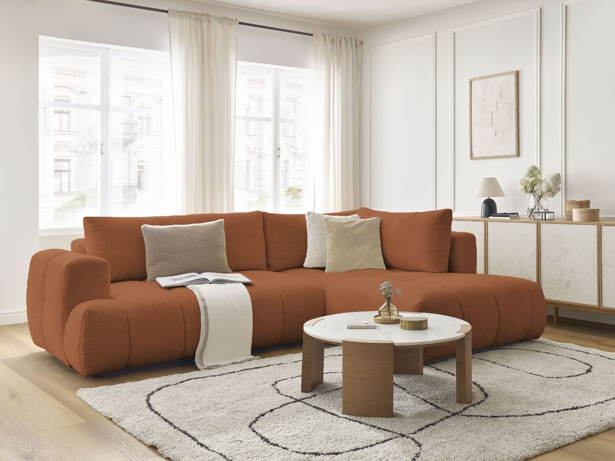 Bobochic Fuji Ecksofa mit Schlaffunktion und Bettkasten 282 × 204 cm Bouclé-Stoff Orange Ecke rechts