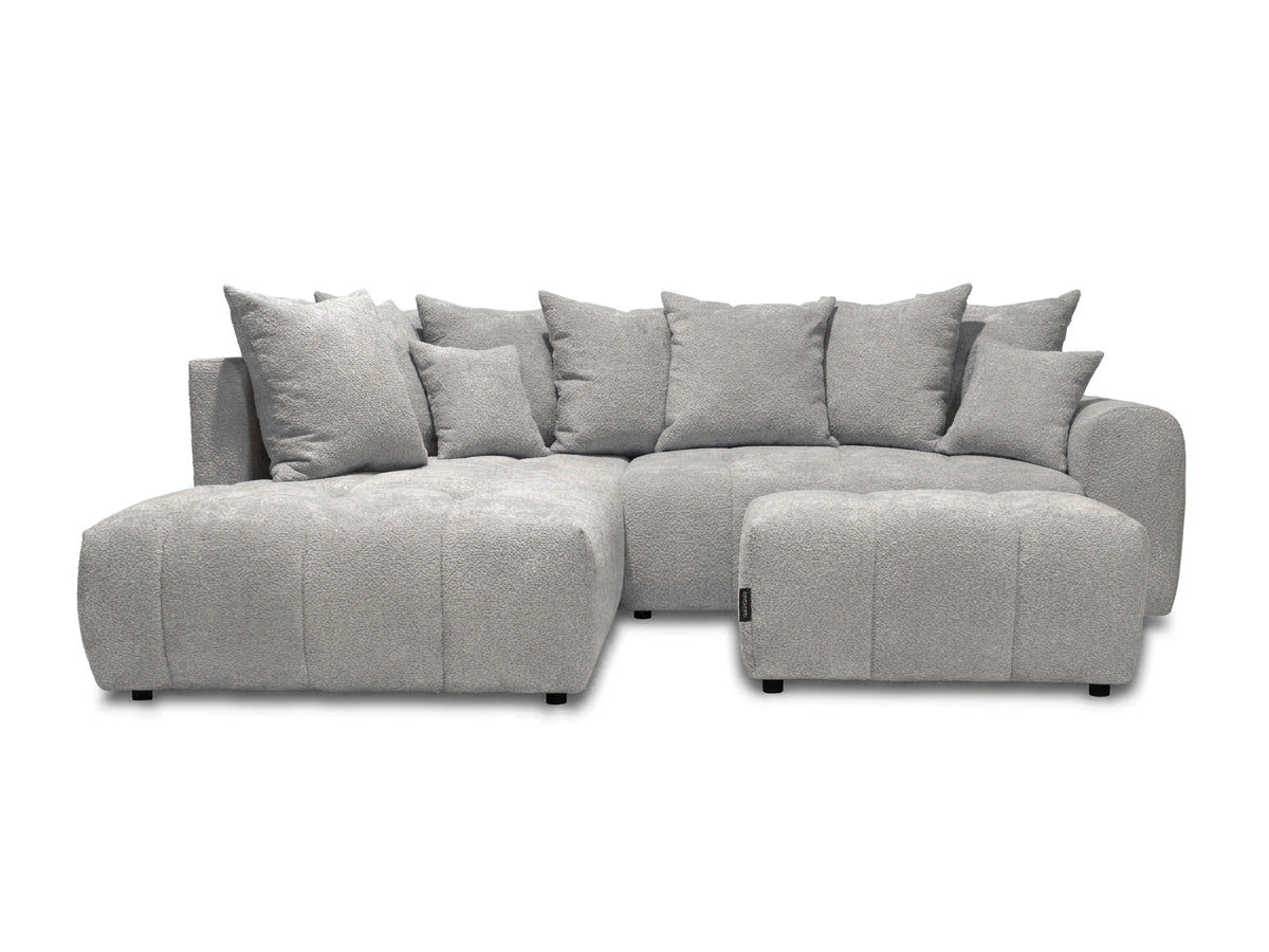Bobochic Roxelane Ecksofa mit Schlaffunktion und Bettkasten und Pouf Bouclé-Stoff Hellgrau Ecke links