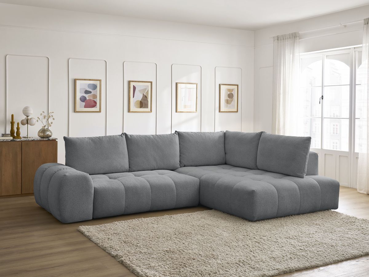 Bobochic Everest Ecksofa mit Schlaffunktion und Bettkasten 320 × 212 cm, 5 Kissen Melange-Stoff Dunkelgrau Ecke rechts
