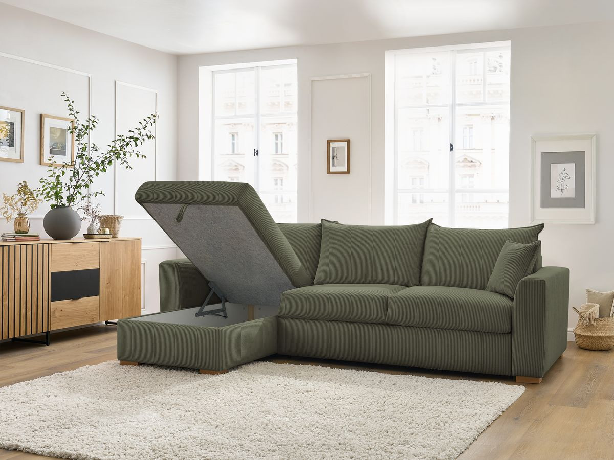 Bobochic Augustin Ecksofa mit Schlaffunktion und Bettkasten Cordsamt Hellgrün, Liegefläche 160 × 200 cm