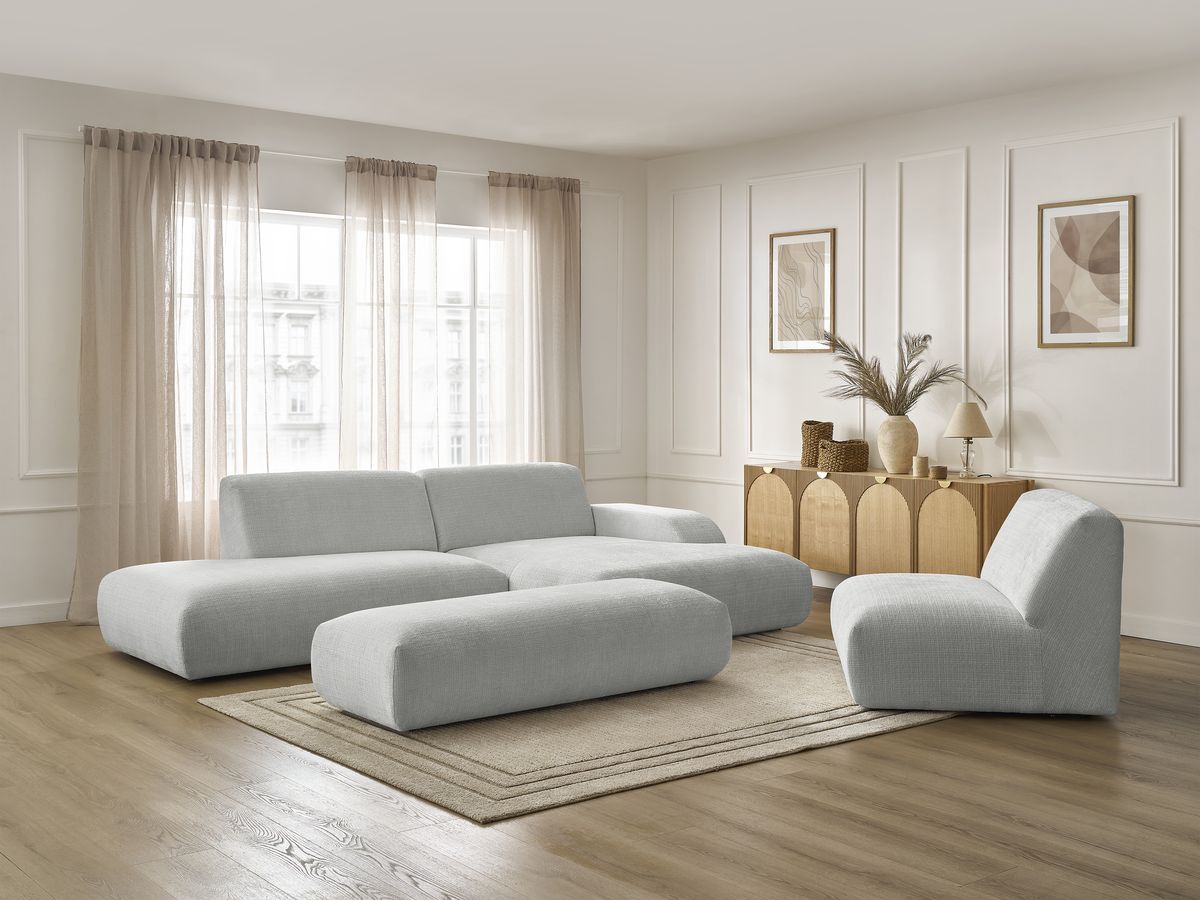 Bobochic Sirius Ecksofa mit Pouf 405 × 170 cm Strukturstoff Hellgrau Ecke rechts