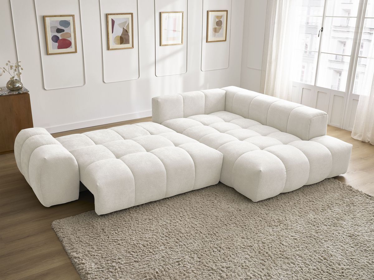 Bobochic Everest Ecksofa mit Schlaffunktion und Bettkasten 320 × 212 cm, 10 Kissen Strukturstoff Weiß Ecke rechts